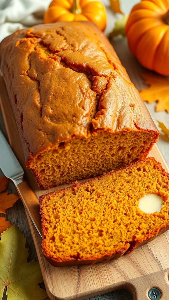A loaf of golden brown pumpkin bread on a cutting board with autumn leaves and small pumpkins.
